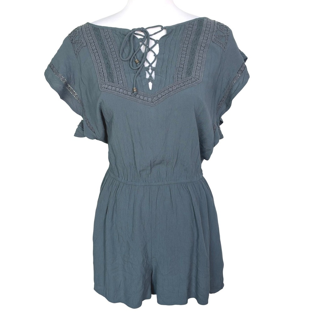 AMERICAN EAGLE Women Small Teal Blue Lace Up Crochet Trim Flutter Romper Pockets